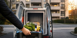 Lieferwagen vor Wohnhaus, eine Hand hebt eine Einkaufskiste aus dem Kofferraum
