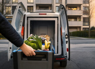 Lieferwagen vor Wohnhaus, eine Hand hebt eine Einkaufskiste aus dem Kofferraum