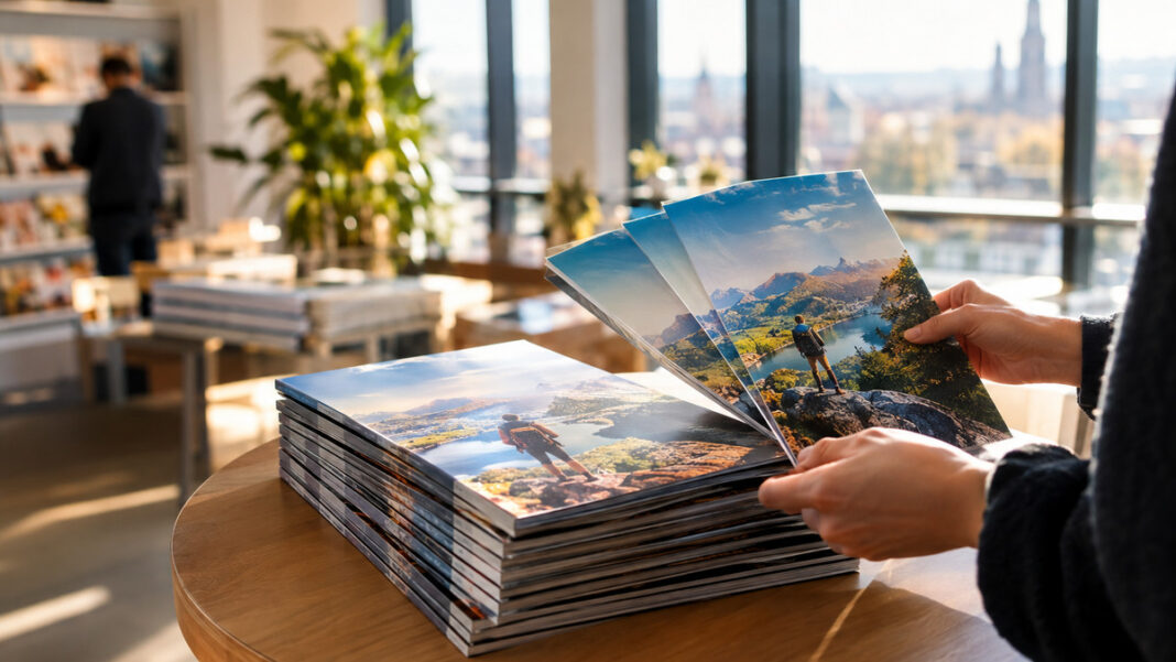 Gedruckte Magazinhefte auf einem Tisch, Hände blättern die aktuelle Ausgabe auf.