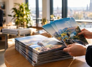 Gedruckte Magazinhefte auf einem Tisch, Hände blättern die aktuelle Ausgabe auf.