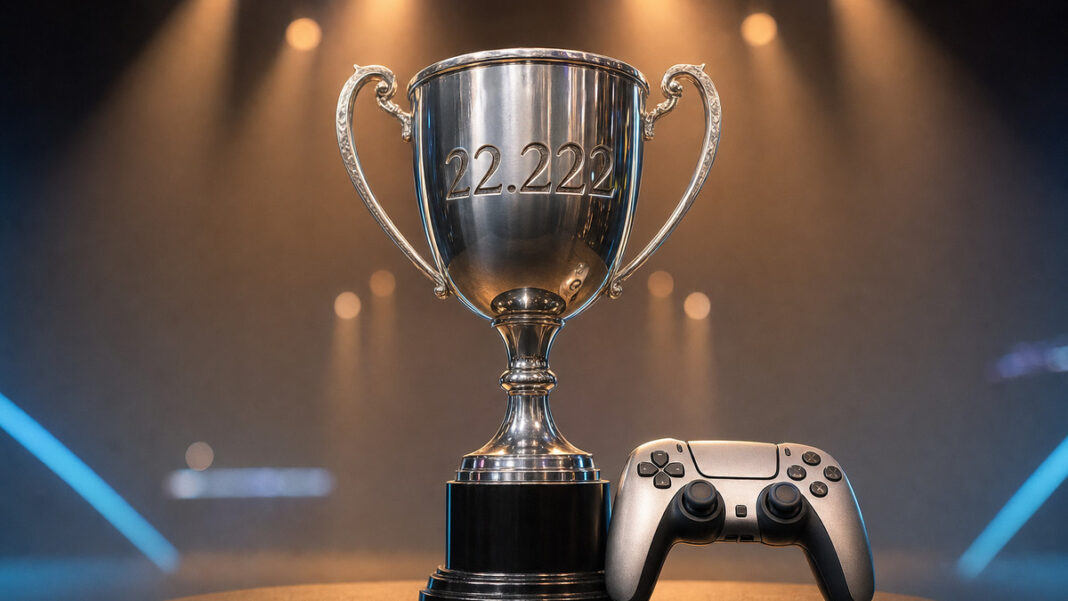 Clan 22.222 prämiert Silberner Pokal neben einem Gaming-Controller auf einer Bühne im Scheinwerferlicht.