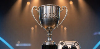 Silberner Pokal neben einem Gaming-Controller auf einer Bühne im Scheinwerferlicht.