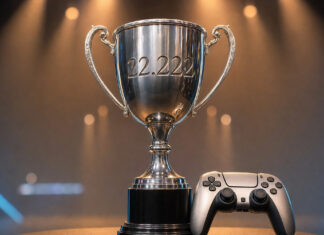 Silberner Pokal neben einem Gaming-Controller auf einer Bühne im Scheinwerferlicht.
