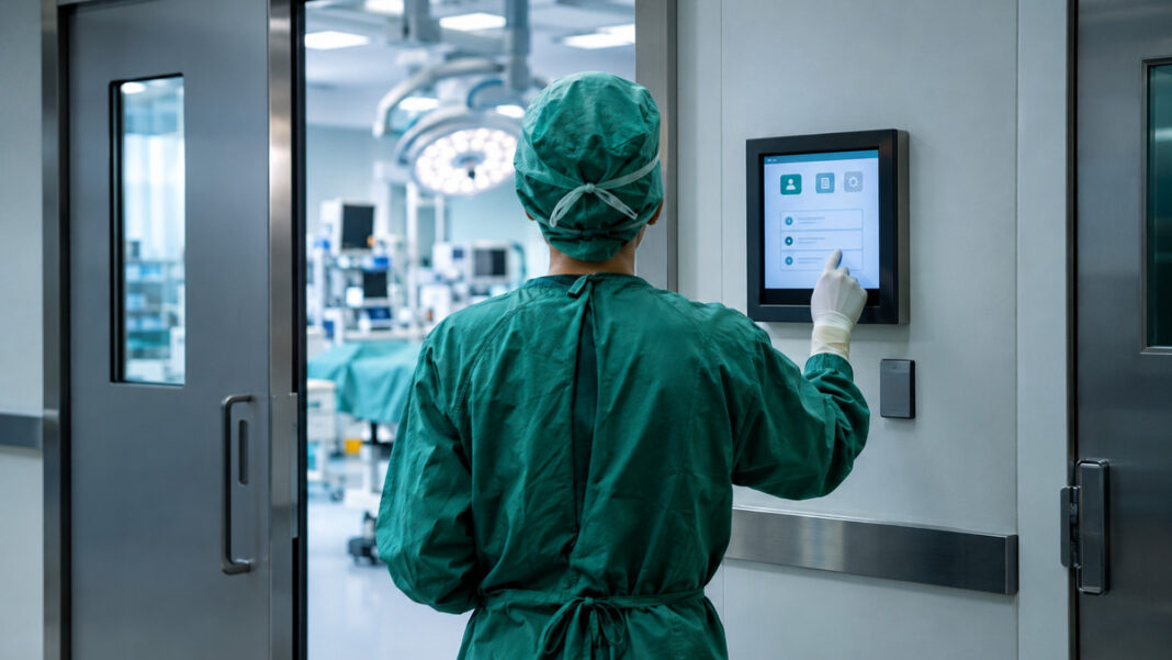 Papierloser Operationssaal Person im OP-Kittel zeigt in einer OP-Schleuse auf ein Wandmodul vor dem Operationssaal.