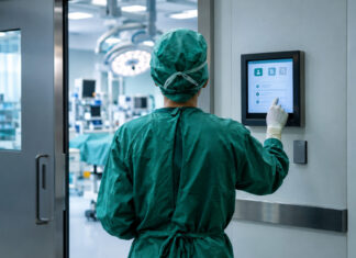 Sandman.MD für den papierlosen Operationssaal Person im OP-Kittel zeigt in einer OP-Schleuse auf ein Wandmodul vor dem Operationssaal.