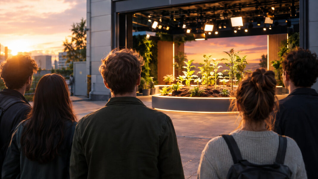 Accelerator: Wachstum im Studio Start-up-Team vor Fernsehstudio, Setzlinge wachsen in einem Beet als Symbol für den Accelerator