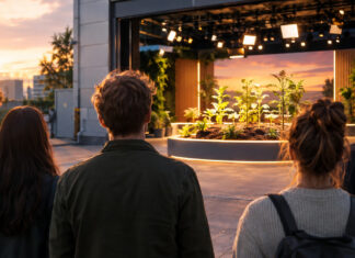 Start-up-Team vor Fernsehstudio, Setzlinge wachsen in einem Beet als Symbol für den Accelerator