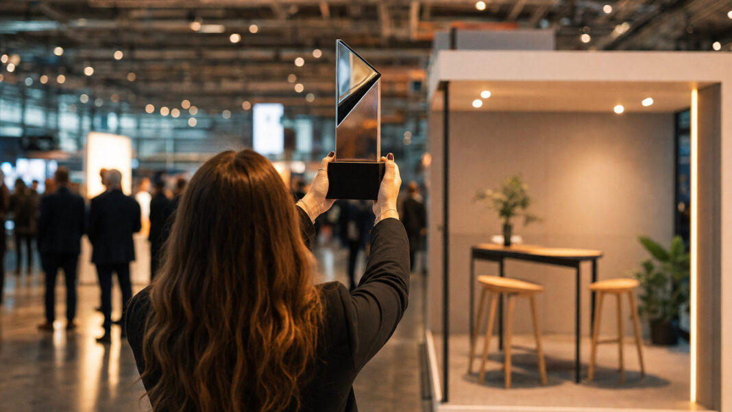 Pitch-Sieg auf der Internet World Person von hinten hält einen Messe-Preis vor einem modernen Startup-Stand in einer Messehalle.