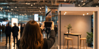 Person von hinten hält einen Messe-Preis vor einem modernen Startup-Stand in einer Messehalle.