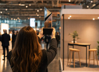 Person von hinten hält einen Messe-Preis vor einem modernen Startup-Stand in einer Messehalle.