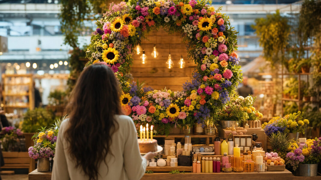 Geburtstag auf dem Marktplatz Festlich geschmückter Marktplatz-Stand mit Blumenkranz und einer Person, die eine Torte trägt.