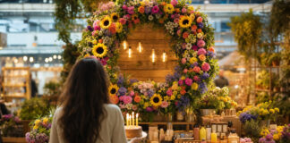 Festlich geschmückter Marktplatz-Stand mit Blumenkranz und einer Person, die eine Torte trägt.
