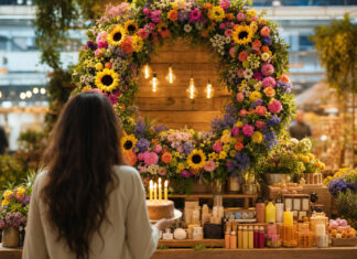 Festlich geschmückter Marktplatz-Stand mit Blumenkranz und einer Person, die eine Torte trägt.