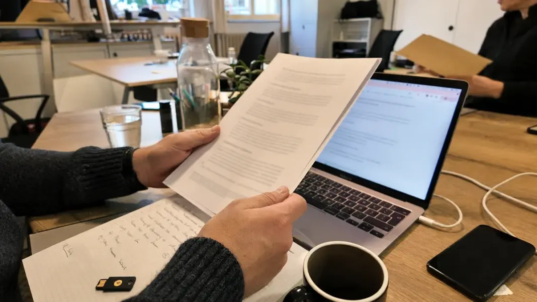 Hände prüfen einen AVV und Datenschutzunterlagen auf einem Schreibtisch.