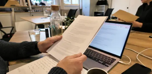 Hände prüfen einen AVV und Datenschutzunterlagen auf einem Schreibtisch.
