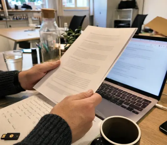 Hände prüfen einen AVV und Datenschutzunterlagen auf einem Schreibtisch.
