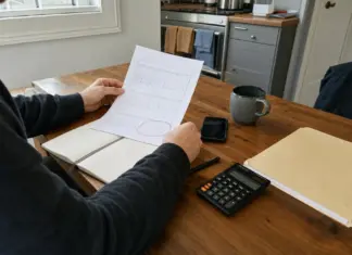 Selbstständige Person plant Frist für freiwillige Arbeitslosenversicherung am Arbeitstisch.
