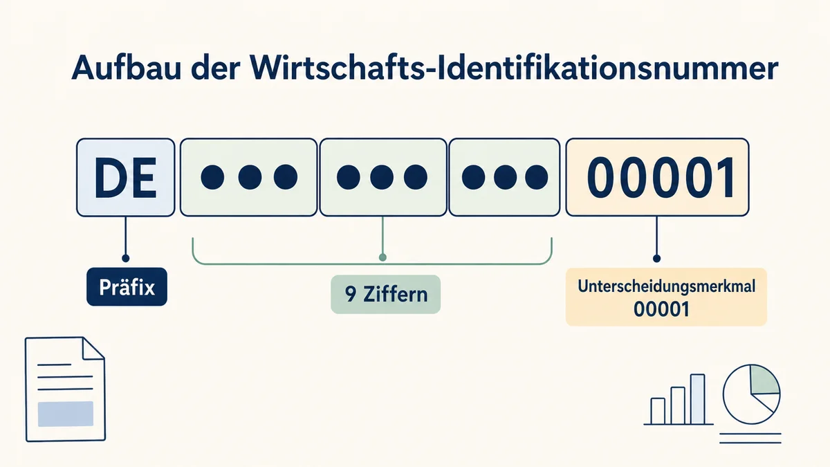 Infografik zeigt DE-Präfix, neun Ziffern und Unterscheidungsmerkmal der W-IdNr.