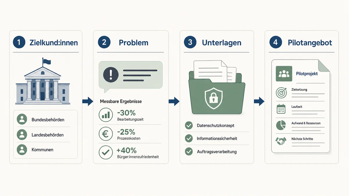 B2G-Vertrieb-Schritte Prozessgrafik zeigt vier Schritte für den B2G-Vertrieb von Startups an öffentliche Kund:innen.