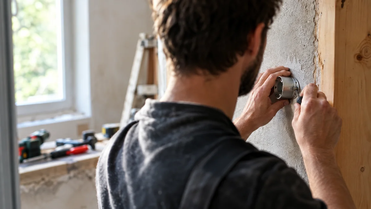 Hände einer Handwerksperson montieren ein Bauteil an einer unfertigen Innenwand