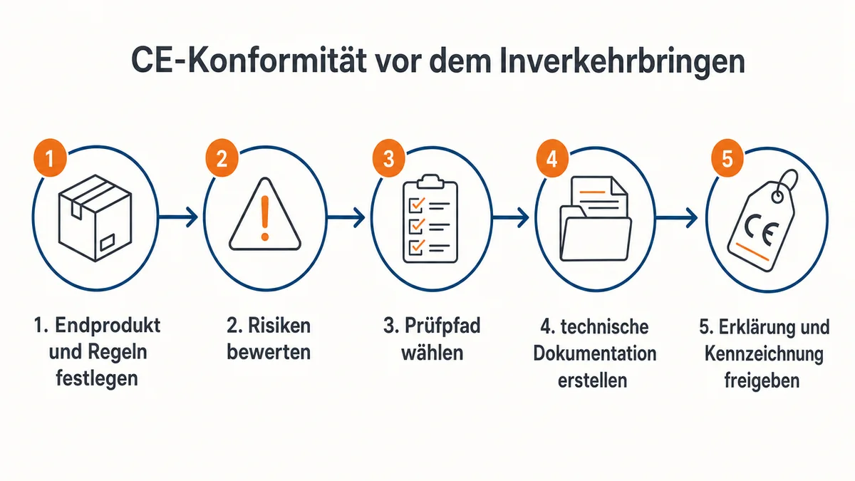 Fünfstufiger Prozess für CE-Konformitätsbewertung und technische Dokumentation vor dem Marktstart.