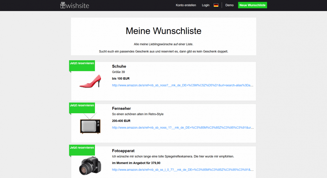 Startseite der Online-Wunschliste wishsite