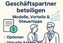 Illustration zur Beteiligung von Geschäftspartnern mit Icons für Optionen, virtuelle Anteile, Hurdle Shares und Unternehmensbeteiligung in flachem Designstil.