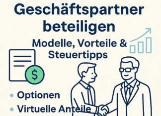 Illustration zur Beteiligung von Geschäftspartnern mit Icons für Optionen, virtuelle Anteile, Hurdle Shares und Unternehmensbeteiligung in flachem Designstil.