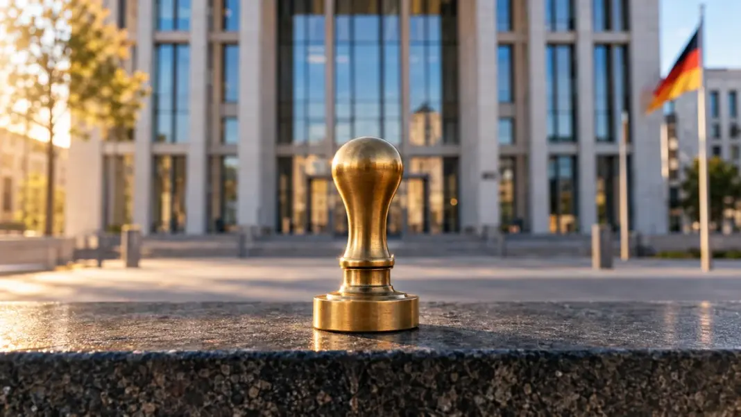 Direktvergabe-fuer-Startups Unmarkierter Messingsiegelstempel vor einem modernen Verwaltungsgebäude