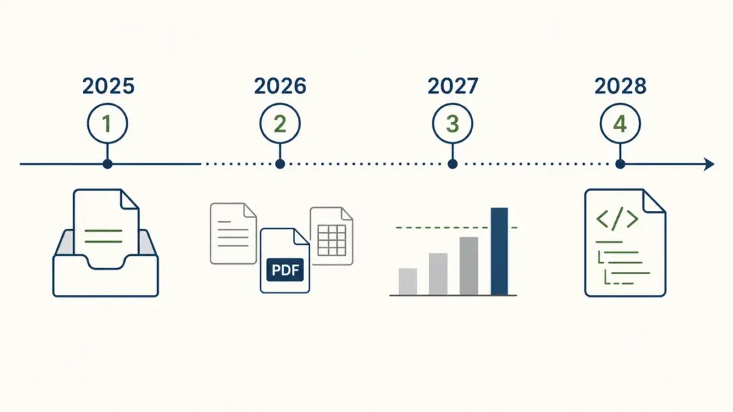 Zeitachse zur E-Rechnung mit den Übergangsregeln von 2025 bis 2028.