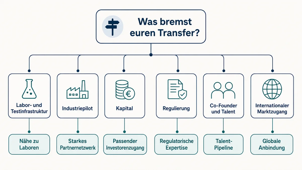 Entscheidungsbaum für DeepTech-Teams nach Labor, Kapital und Industriepilot.