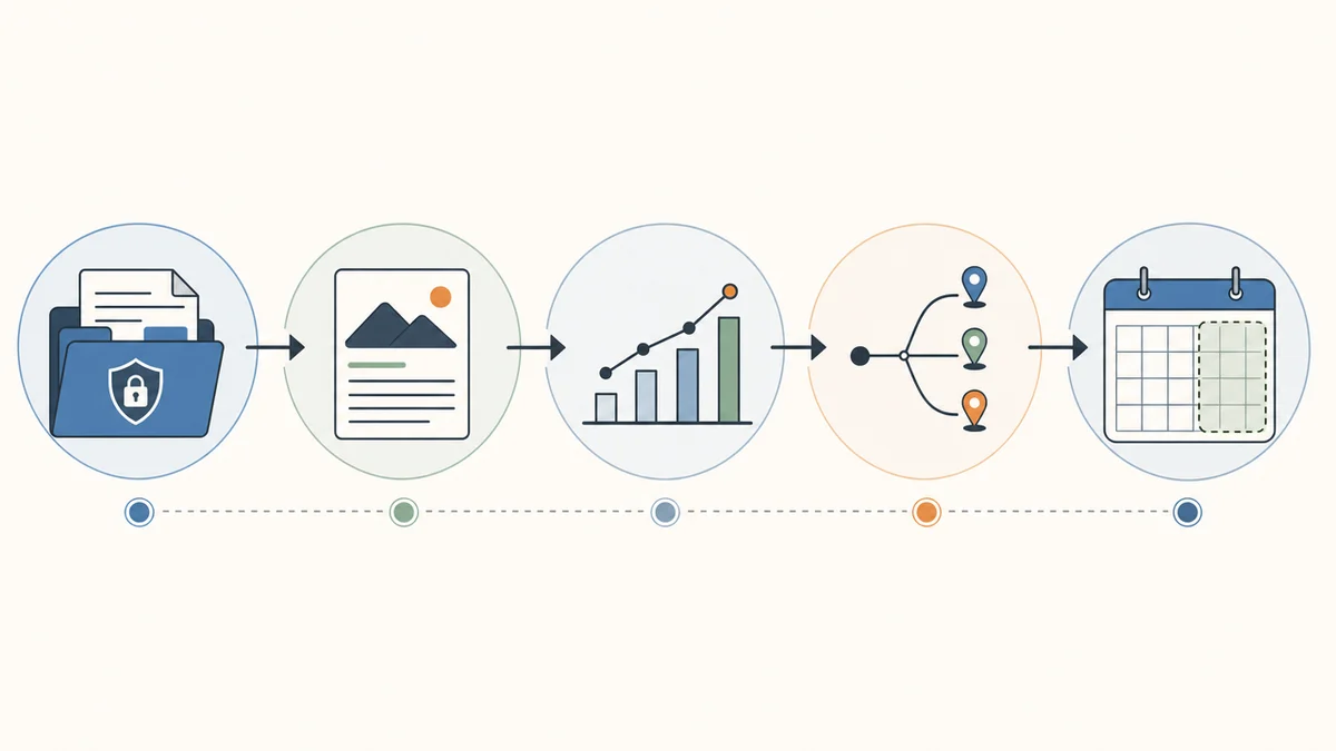 Fundraising-Prioritaeten Prozessgrafik mit fünf Prioritäten für die Fundraising-Vorbereitung von Startups.