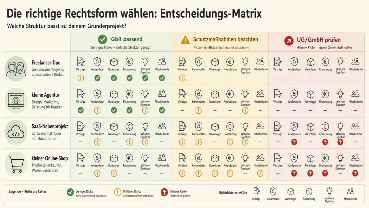 Entscheidungsmatrix für GbR, Schutzmaßnahmen sowie UG- oder GmbH-Prüfung bei vier Geschäftsmodellen.