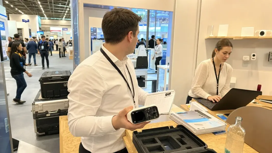 Startup-Team bereitet eine Produktdemo am German Pavilion auf einer internationalen Messe vor.