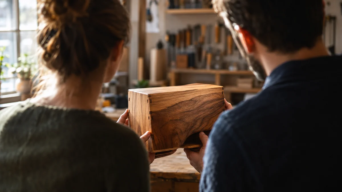 Zwei Gründer betrachten gemeinsam ein handgefertigtes Holzprodukt in einer Werkstatt.