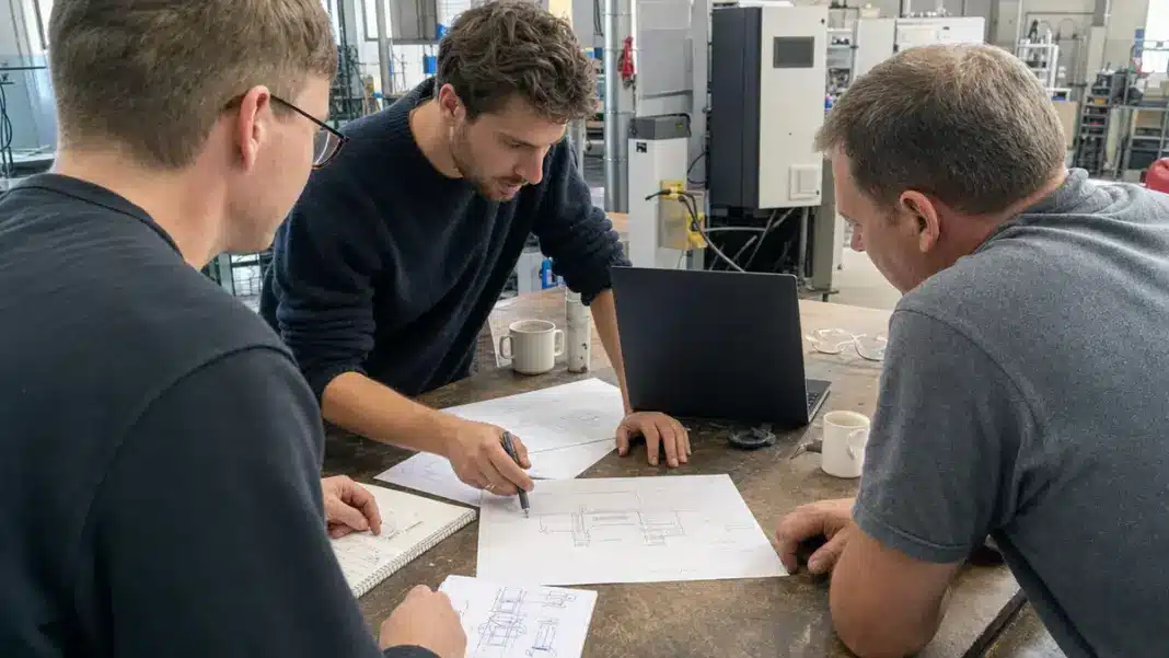 IGP-Cross-Innovation Drei Projektpartner besprechen an einem Arbeitstisch die Planung einer gemeinsamen Innovation.