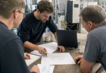 IGP Förderung Startup: Wann der Cross-Innovation-Call 2026 für Gründer:innen passt Drei Projektpartner besprechen an einem Arbeitstisch die Planung einer gemeinsamen Innovation.