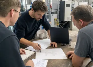 Drei Projektpartner besprechen an einem Arbeitstisch die Planung einer gemeinsamen Innovation.