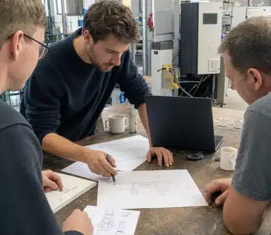 Drei Projektpartner besprechen an einem Arbeitstisch die Planung einer gemeinsamen Innovation.