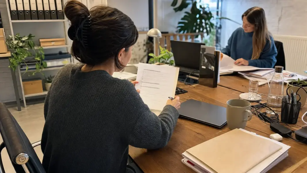 Internationale-Fachkraefte-einstellen Mitarbeiterin prüft Unterlagen für die Einstellung internationaler Fachkräfte im Startup.