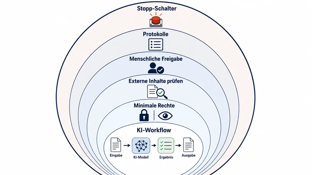 Sicherheitsdiagramm für KI-Agenten mit Rechten, Freigaben, Protokollen und Stopp-Schalter.