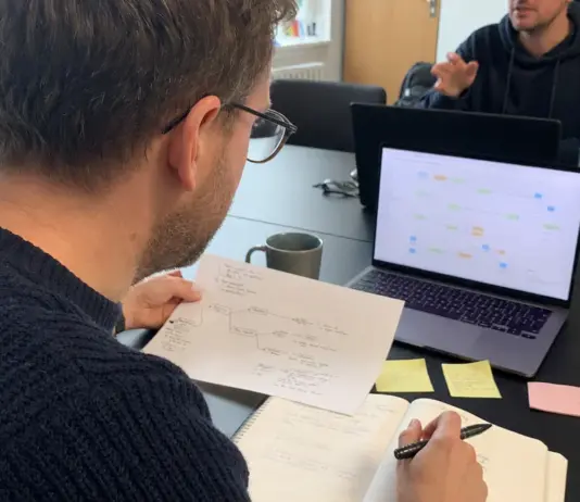 Gründerin prüft einen KI-Agenten-Workflow mit Checkliste und Laptop im Startup-Büro.