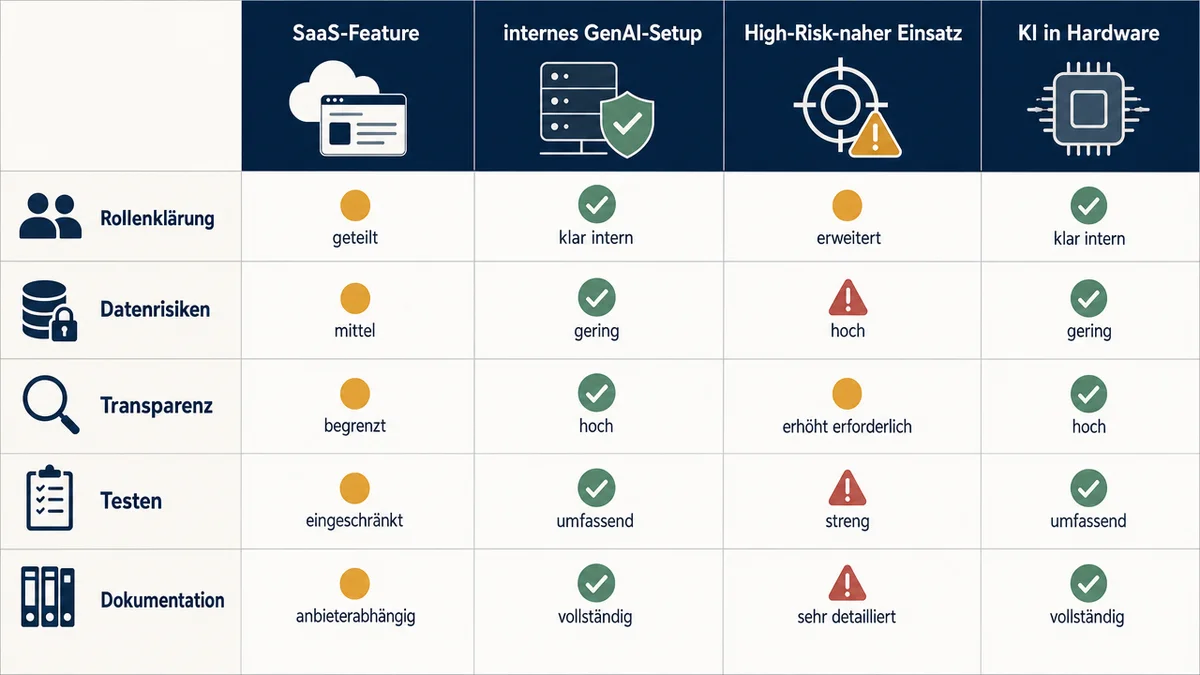 KI-Use-Case-Matrix Entscheidungsmatrix für vier KI-Use-Cases in Startups und ihre Compliance-Prioritäten.