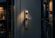 Brushed steel access-control lock on an unmarked secure equipment cabinet