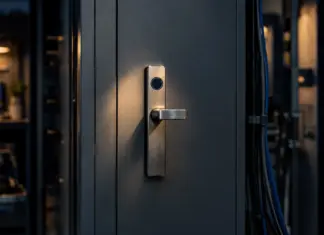 Brushed steel access-control lock on an unmarked secure equipment cabinet