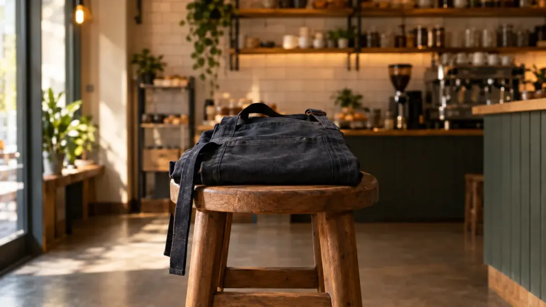 Minijob-im-Cafe Dunkle unbeschriftete Arbeitsschürze auf einem Holzhocker in einem kleinen Café