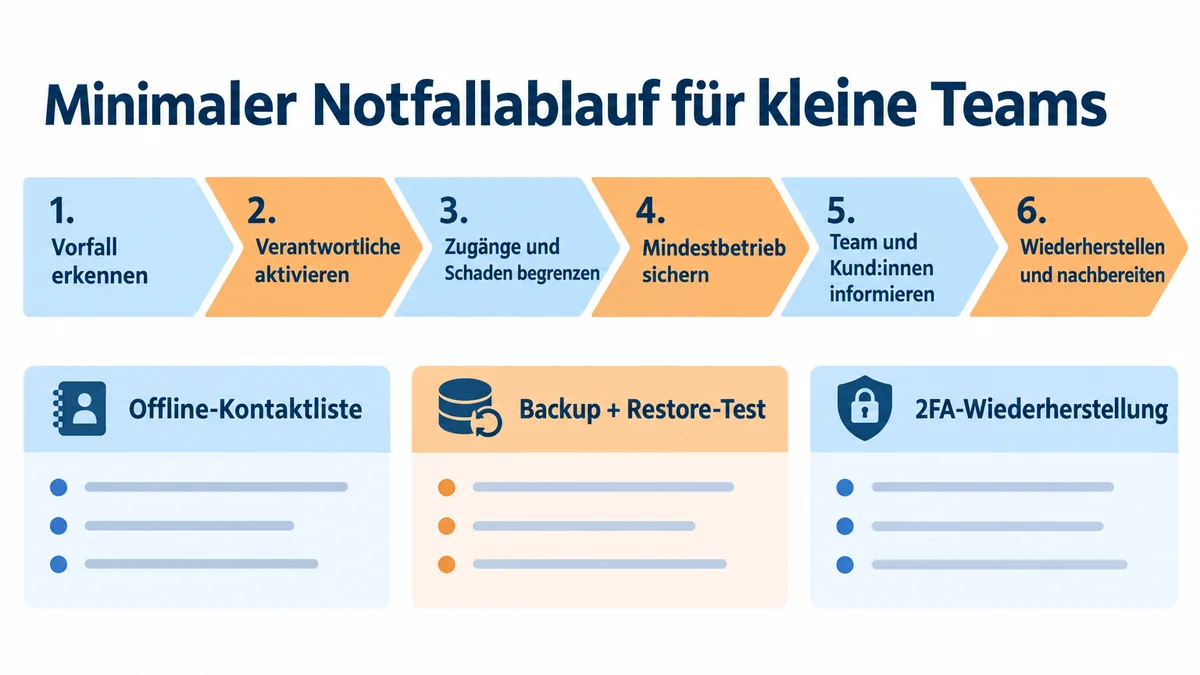 Prozessgrafik mit sechs Schritten für den Notfallablauf kleiner Teams