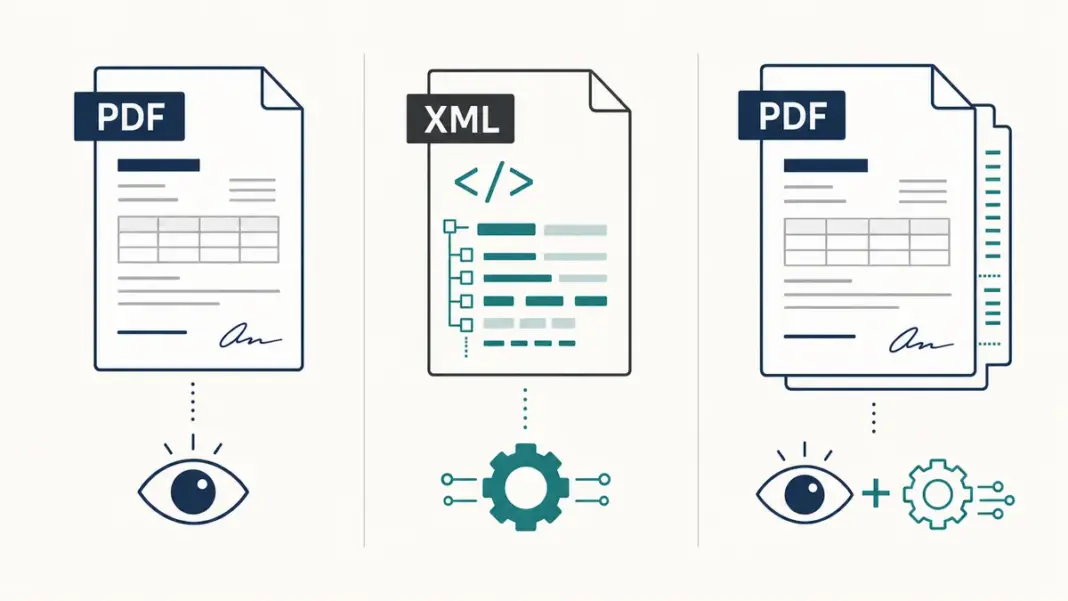 Vergleich von einfacher PDF, XRechnung und ZUGFeRD mit strukturierten Daten.