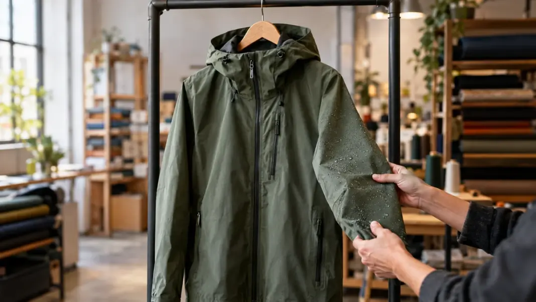 PFHxA-Textilien-pruefen Unbeschriftete wasserabweisende Jacke wird in einer Textilwerkstatt von Händen geprüft.