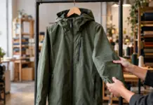 Unbeschriftete wasserabweisende Jacke wird in einer Textilwerkstatt von Händen geprüft.